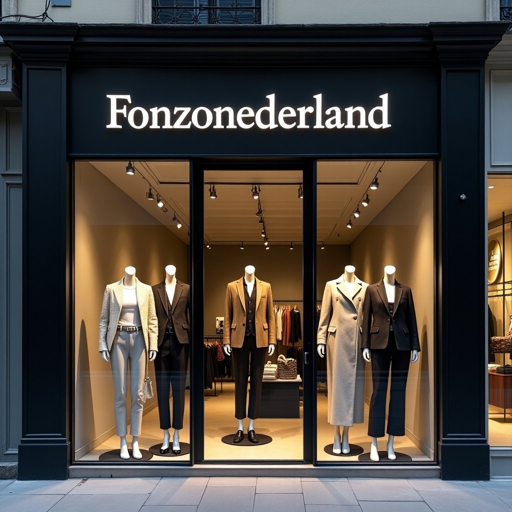 Image features a stylish fashion store window showing the brand name 'Fonzonederland'. The store displays various elegant clothing items on mannequins. The entrance is framed with black and glass elements. Soft lighting enhances the sophistication. Scene captures modern retail in urban environment.