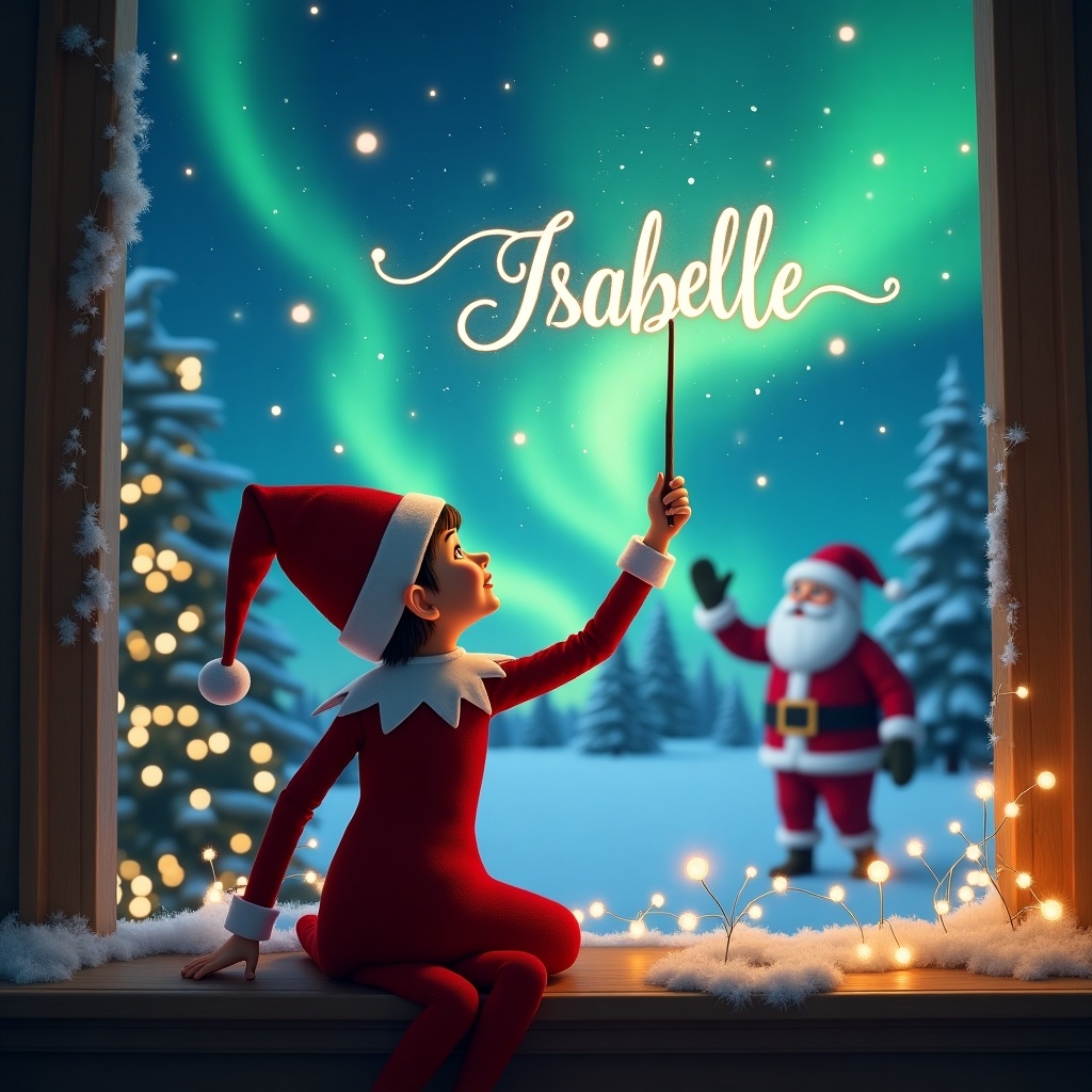 A cozy Christmas scene featuring an elf on the shelf. The elf is sitting with her back to the viewer, facing the magical sky. She is using a wand to write the name 'Isabelle' in the air. The background is filled with enchanting northern lights. In the distance, Santa Claus is waving. Snow gently falls, adding to the winter wonderland atmosphere.