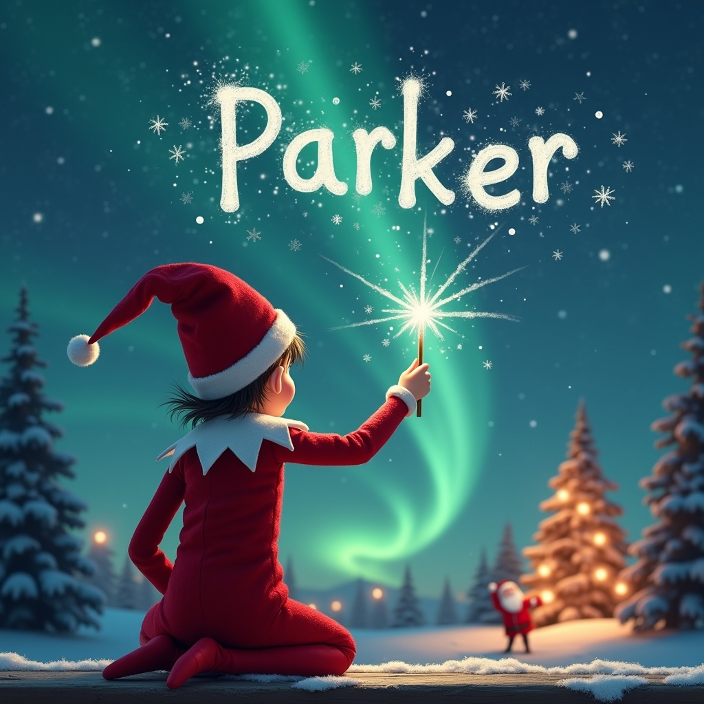 A charming scene featuring a girl elf on the shelf, sitting with her back to the viewer. She is facing the sky, using a magic wand to elegantly write the name 'Parker' in sparkling letters. The background is a magical Christmas setting with vibrant northern lights illuminating the scene. In the distance, Santa is seen, creating a festive atmosphere. Soft snow covers the ground, and twinkling Christmas trees complete this enchanting holiday image.