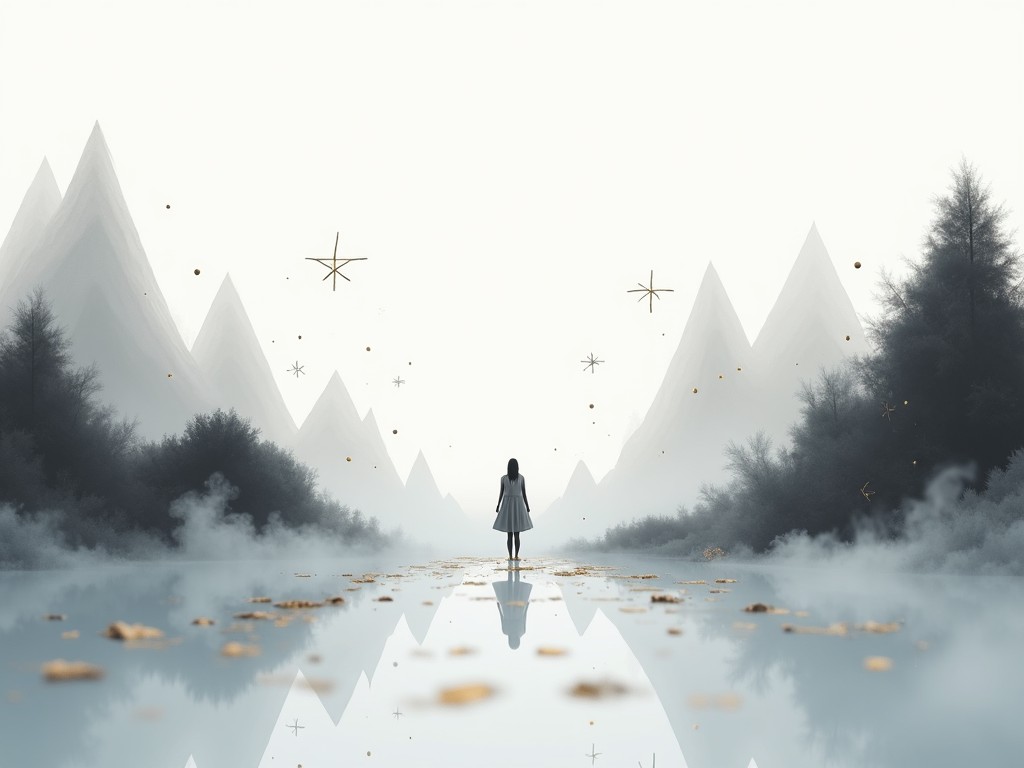 A surreal, dreamlike landscape featuring a lone figure standing in the center of a reflective body of water, surrounded by misty, triangular mountains and abstract star-like symbols in the sky, with a minimalist, ethereal style.