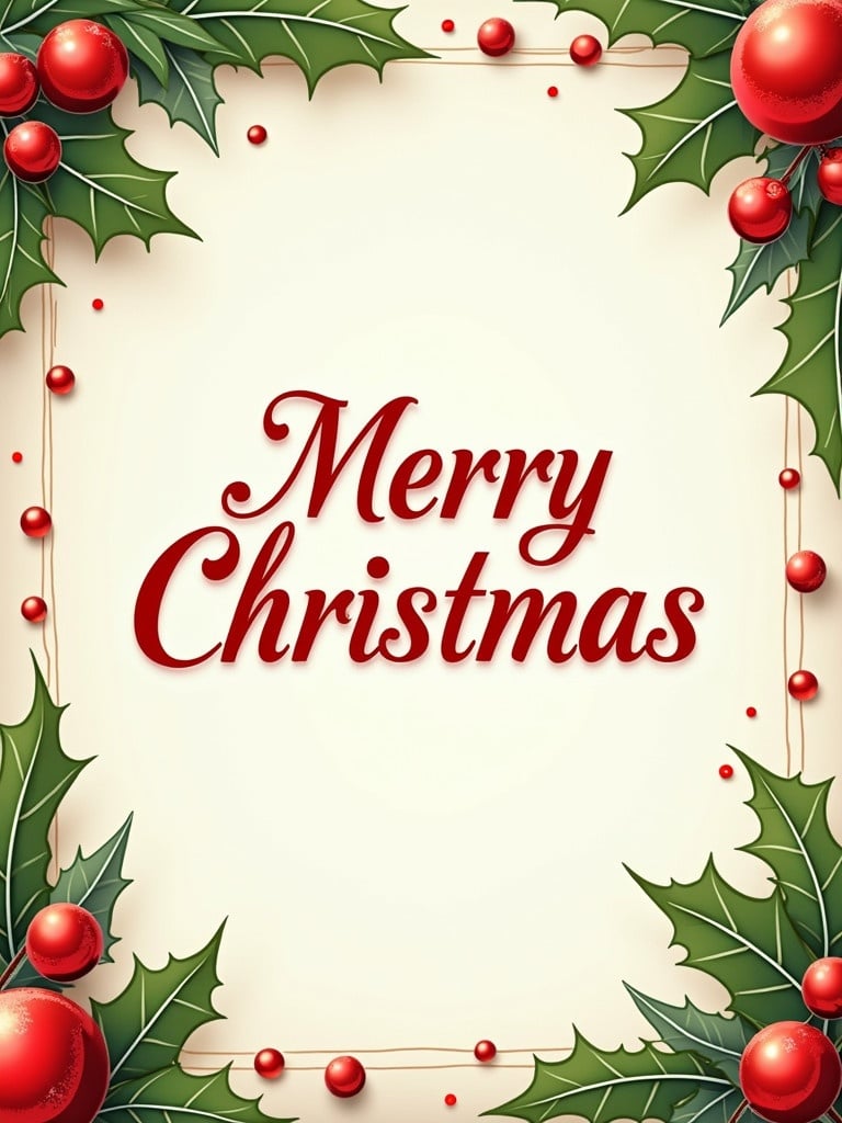 Design a Christmas greeting card. Typography highlights Merry Christmas. Holly leaves decorate the border. Red ornaments add festive charm. Bright colors create a cheerful atmosphere.