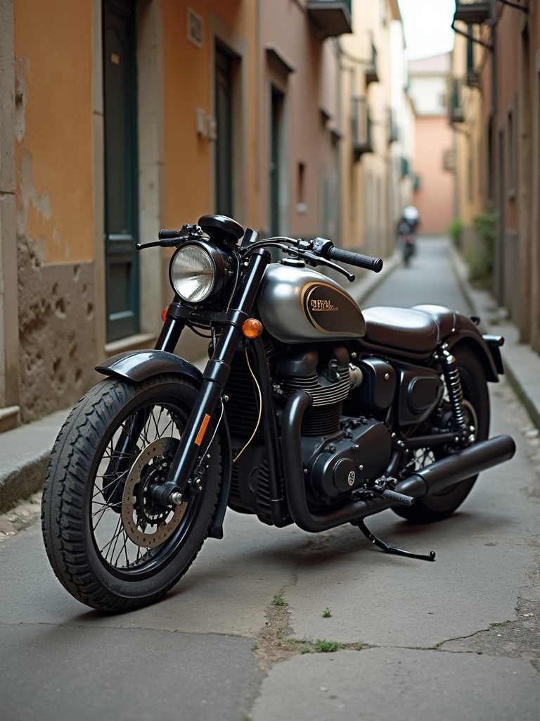 A vintage motorcycle parked in a textured weathered alleyway with rugged tires and a retro design