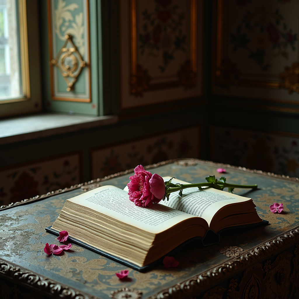 An open book rests on an ornate table, adorned with a pink rose and scattered petals.