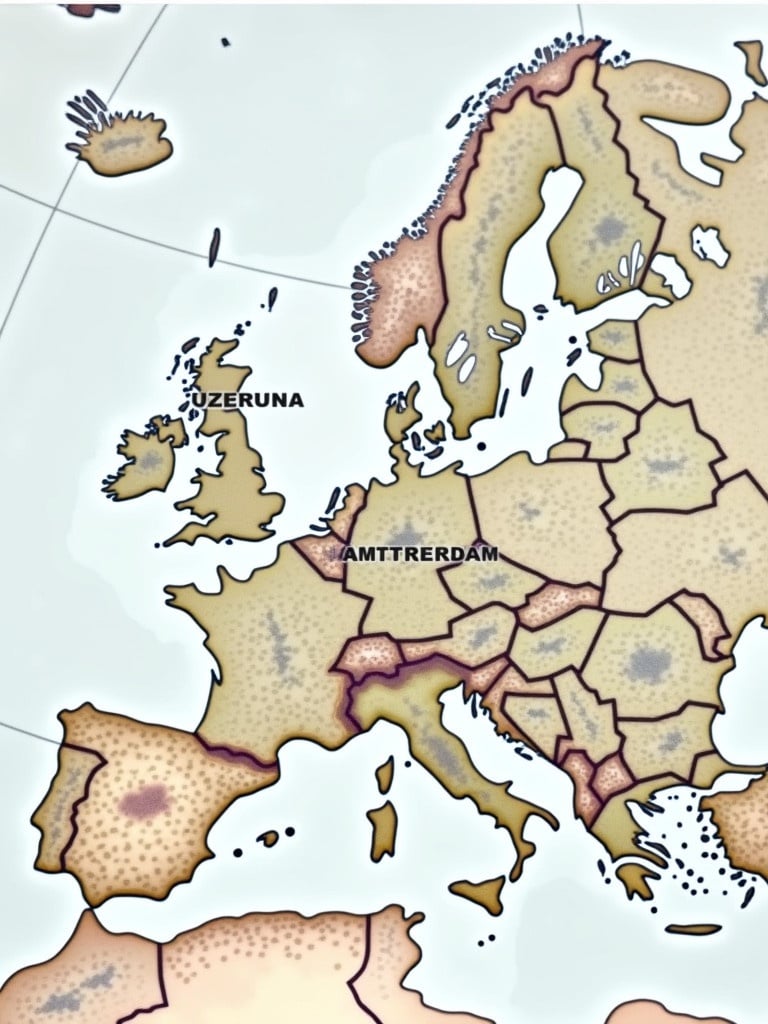 Map illustration showing detailed geography of Europe with a focus on Luxembourg and Amsterdam. A prominent straight line connects the two locations. Map features a vintage design aesthetic with beige and brown shades. Cities are labeled clearly for easy identification.