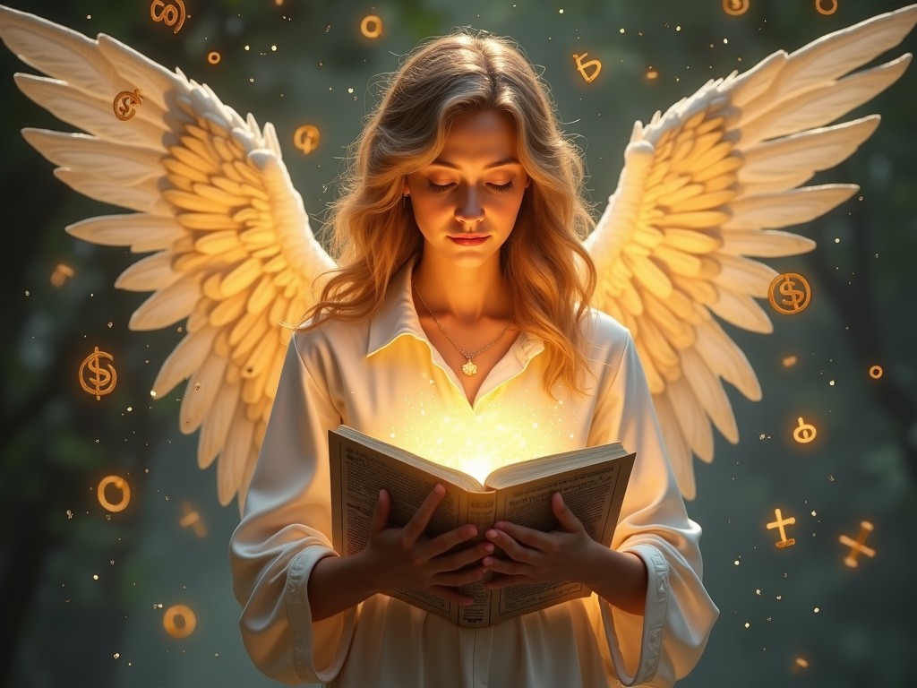 A serene angelic figure stands in a forest, holding an open book that emits a radiant golden light. Large white wings extend from her back, and mystical symbols float around her. The setting is ethereal and magical, creating a sense of divine knowledge and peace.