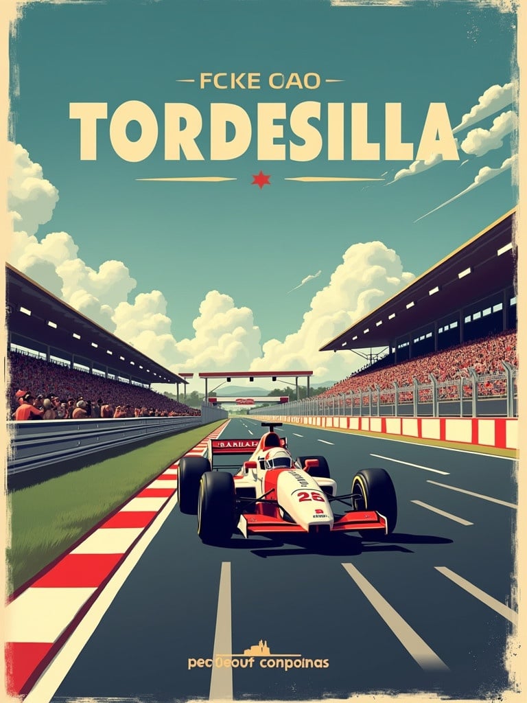 An F1 themed poster showing a car finishing a race. Name Tordesillas is featured prominently. Tagline says Pick up the pace!