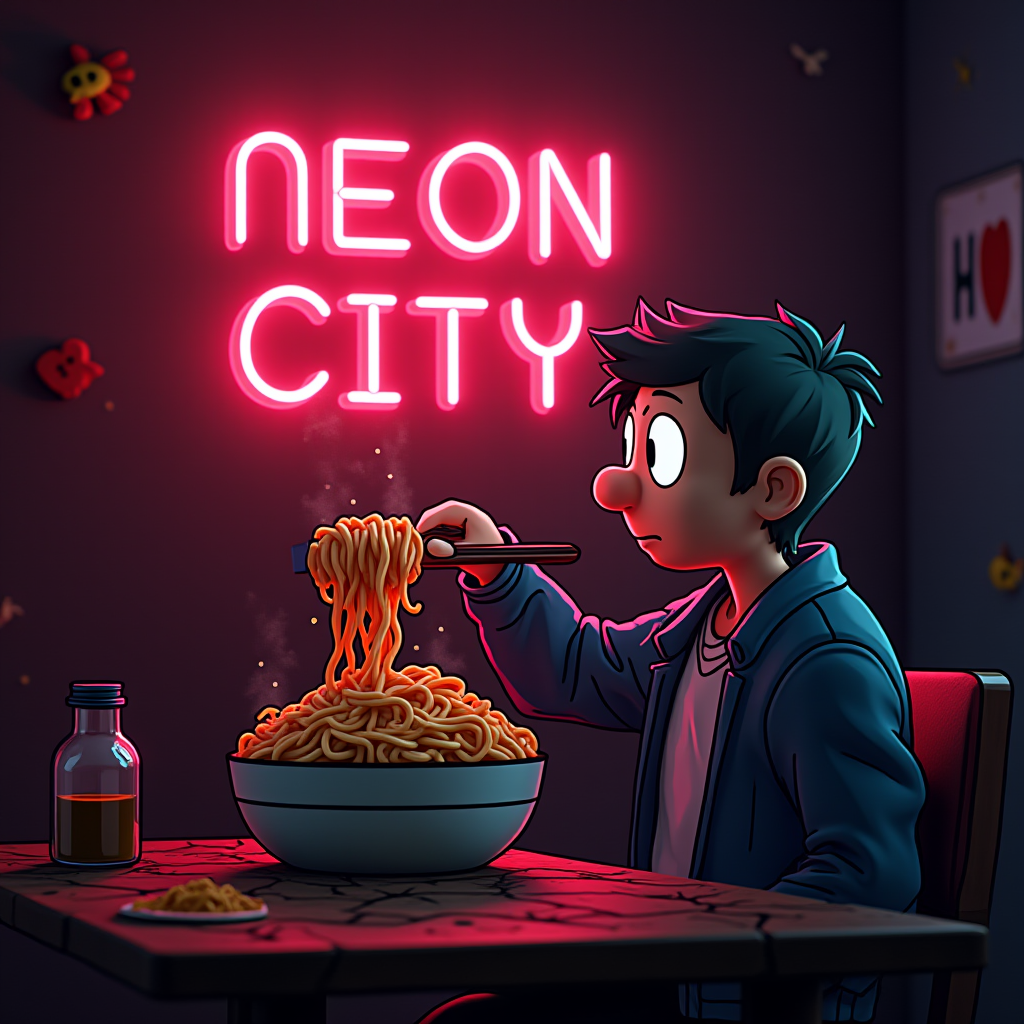 A cartoon character eats noodles under a bright neon sign in a vibrant urban setting.