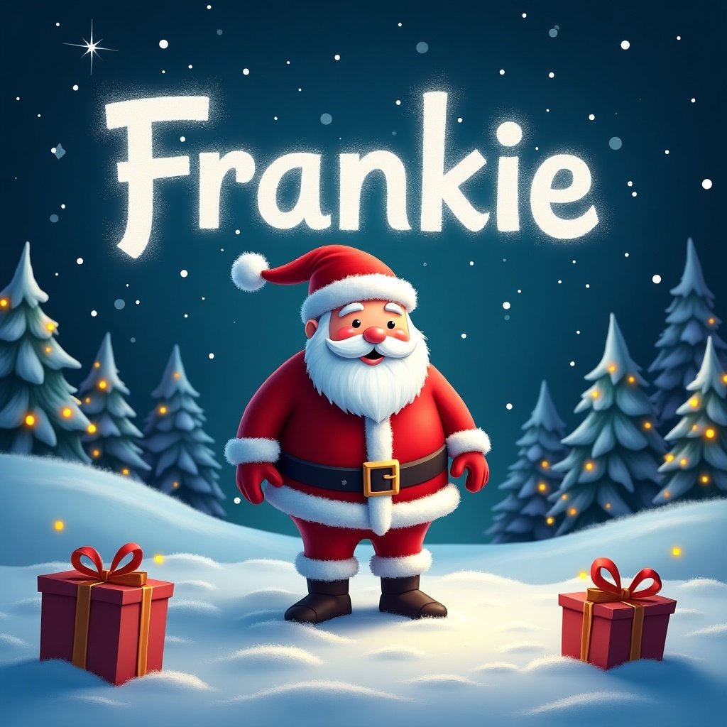 Santa Claus stands in the snow in a magical winter scene. Christmas lights glow around him. Gifts are placed in the snow. The sky is starry with the name 'Frankie' in frosty letters surrounded by sparkles.