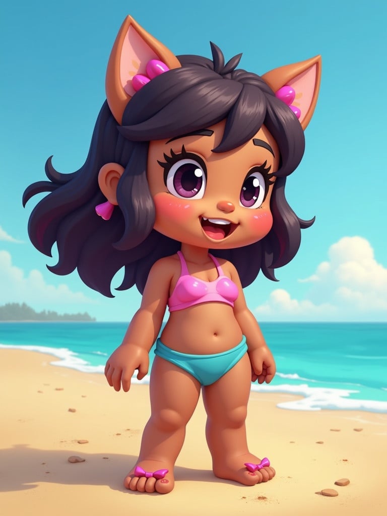 Create a Brawl Stars character inspired by beach aesthetics. The character has cat ears and wears a bikini.