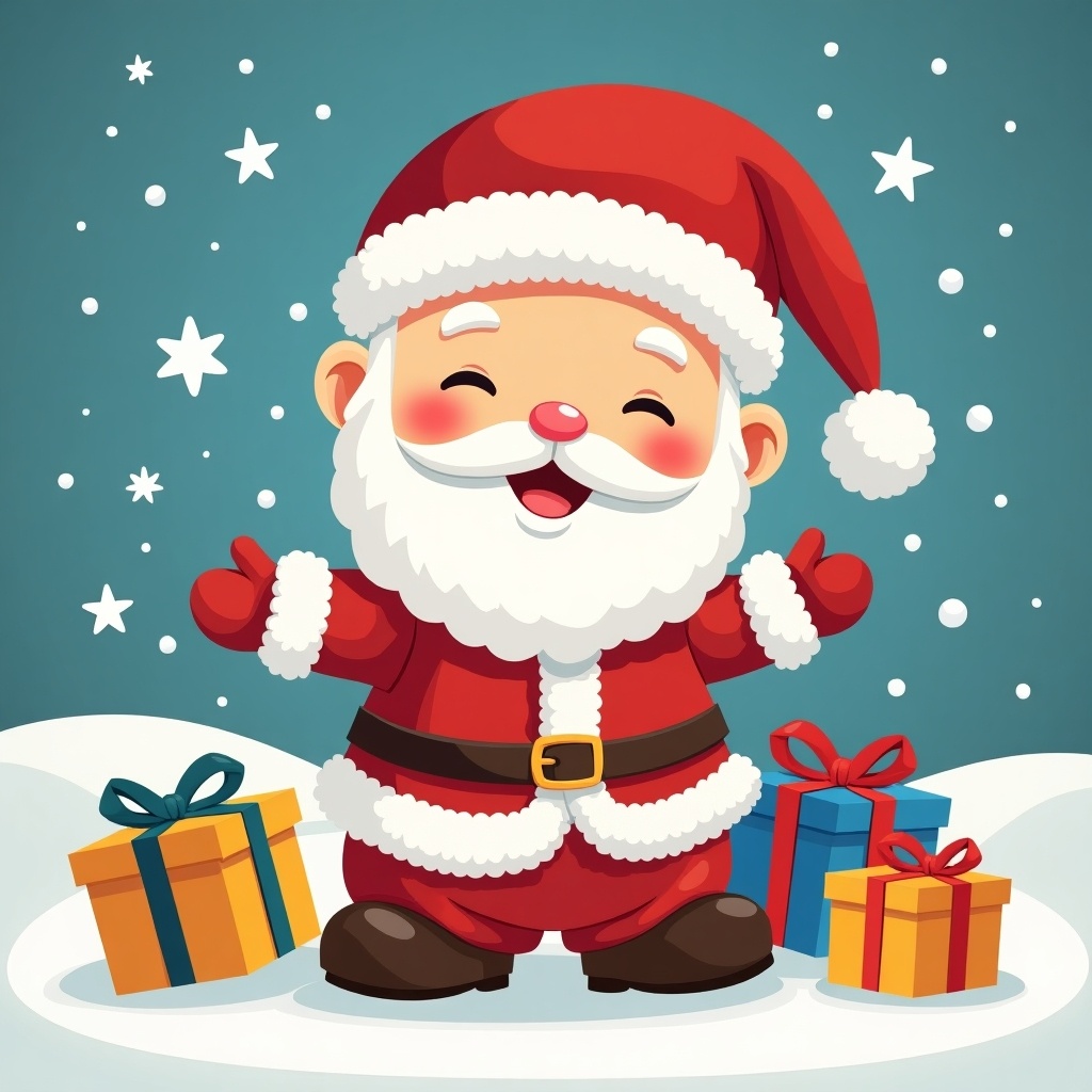 Cartoon illustration of a baby Santa Claus. Colorful background with snowflakes and presents.