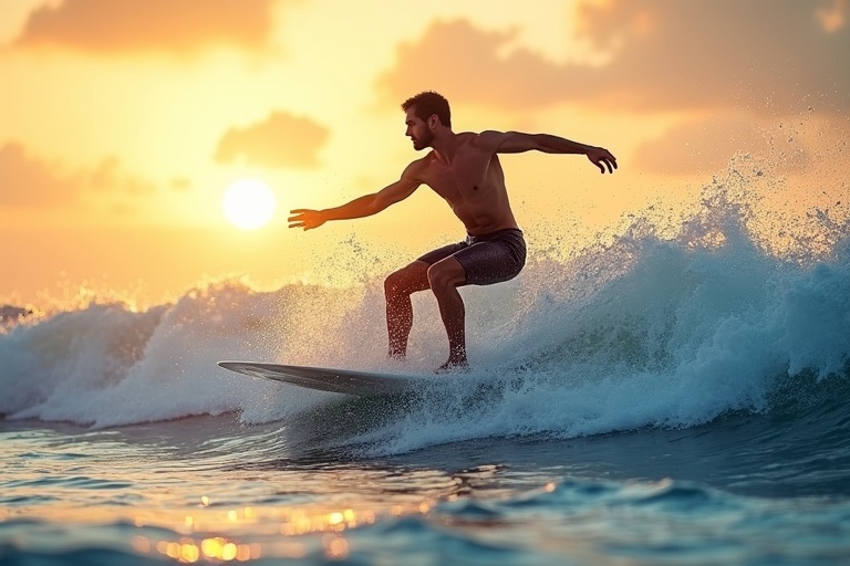 Realistic depiction of a man surfing at the beach during sunrise. The ocean waves are crashing around him. The sun is rising in the background casting a golden glow.