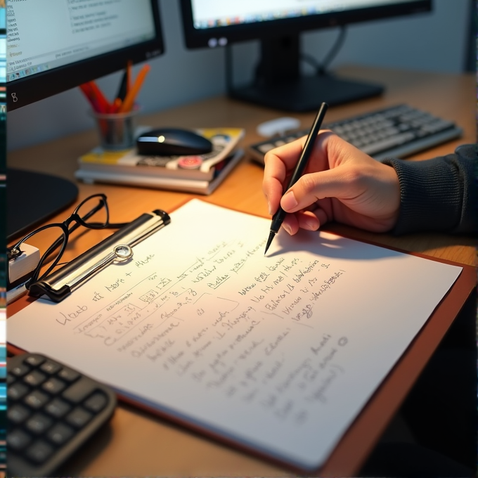 A hand writes detailed notes on a clipboard paper by a desk with a computer and office supplies.