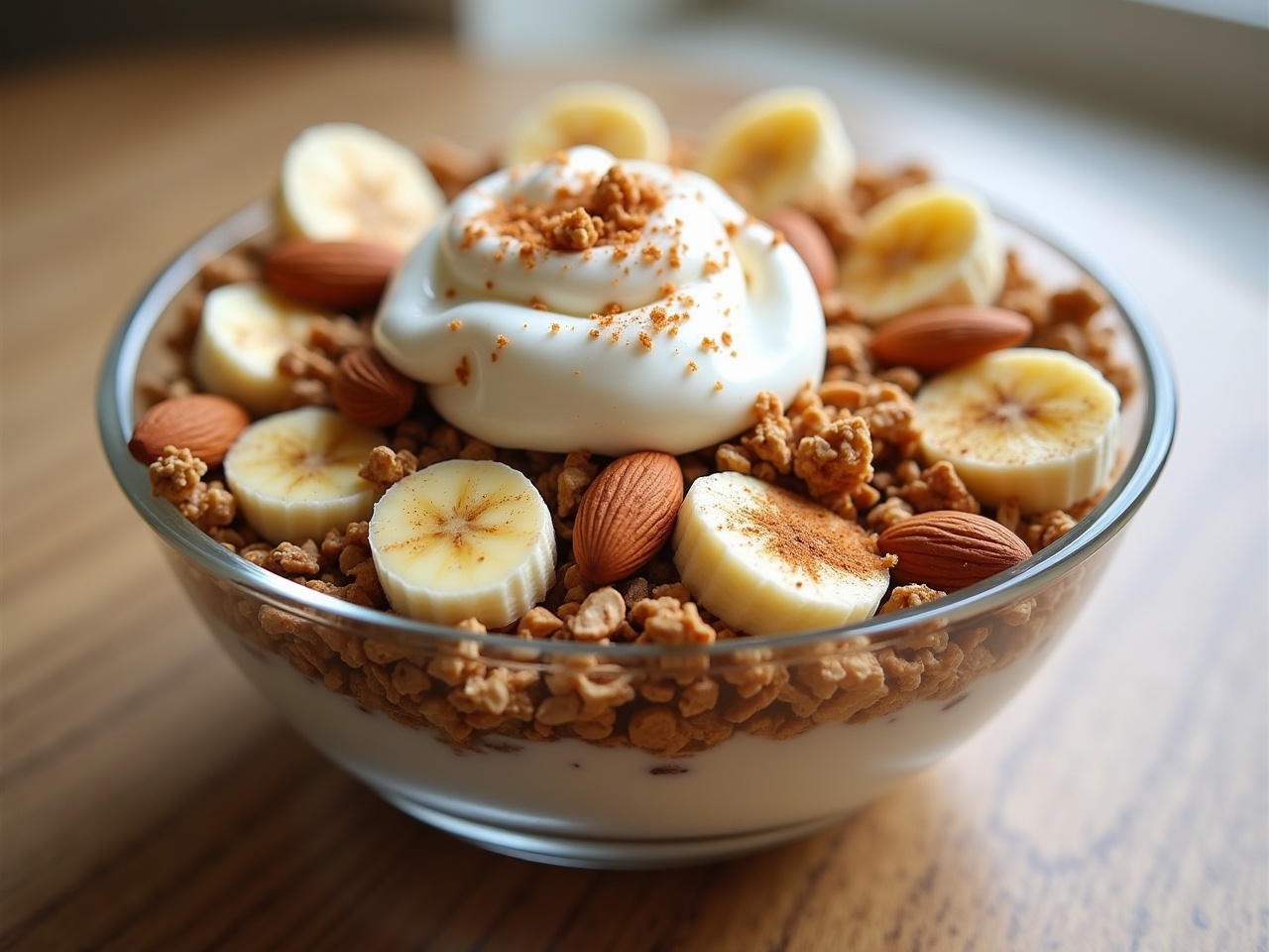 This image features a big transparent bowl filled with a delicious combination of granola, yogurt, and honey. Topping the yogurt are sliced bananas and a sprinkle of cinnamon, along with whole almonds. The bowl is aesthetically arranged to showcase each ingredient, emphasizing the freshness and appeal of the dish. The lighting in the room is bright and natural, enhancing the colors of the food. This scene is perfect for anyone looking for a healthy breakfast option, showcasing a blend of textures and flavors.