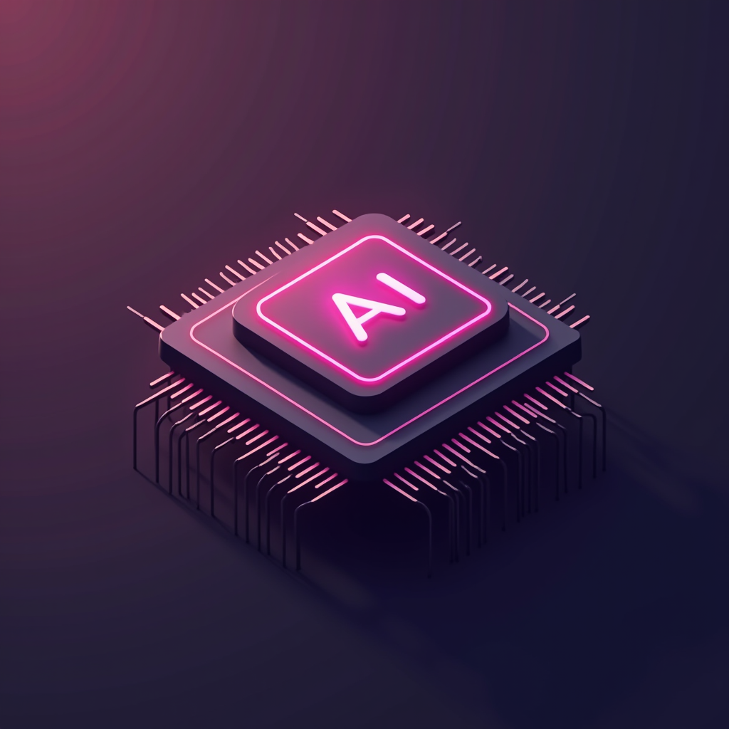 A glowing pink AI microchip depicted with intricate connectors on a dark background.