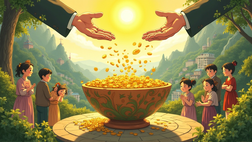 Symbolic Solarpunk illustration with gold coins flowing into a nature-inspired donation bowl. Upper hands bestow wealth upon a community. Scene represents hope and fairness. Diverse community surrounds the bowl sharing food and support. Background features lush greenery and eco-friendly architecture. Whimsical Ghibli art style.