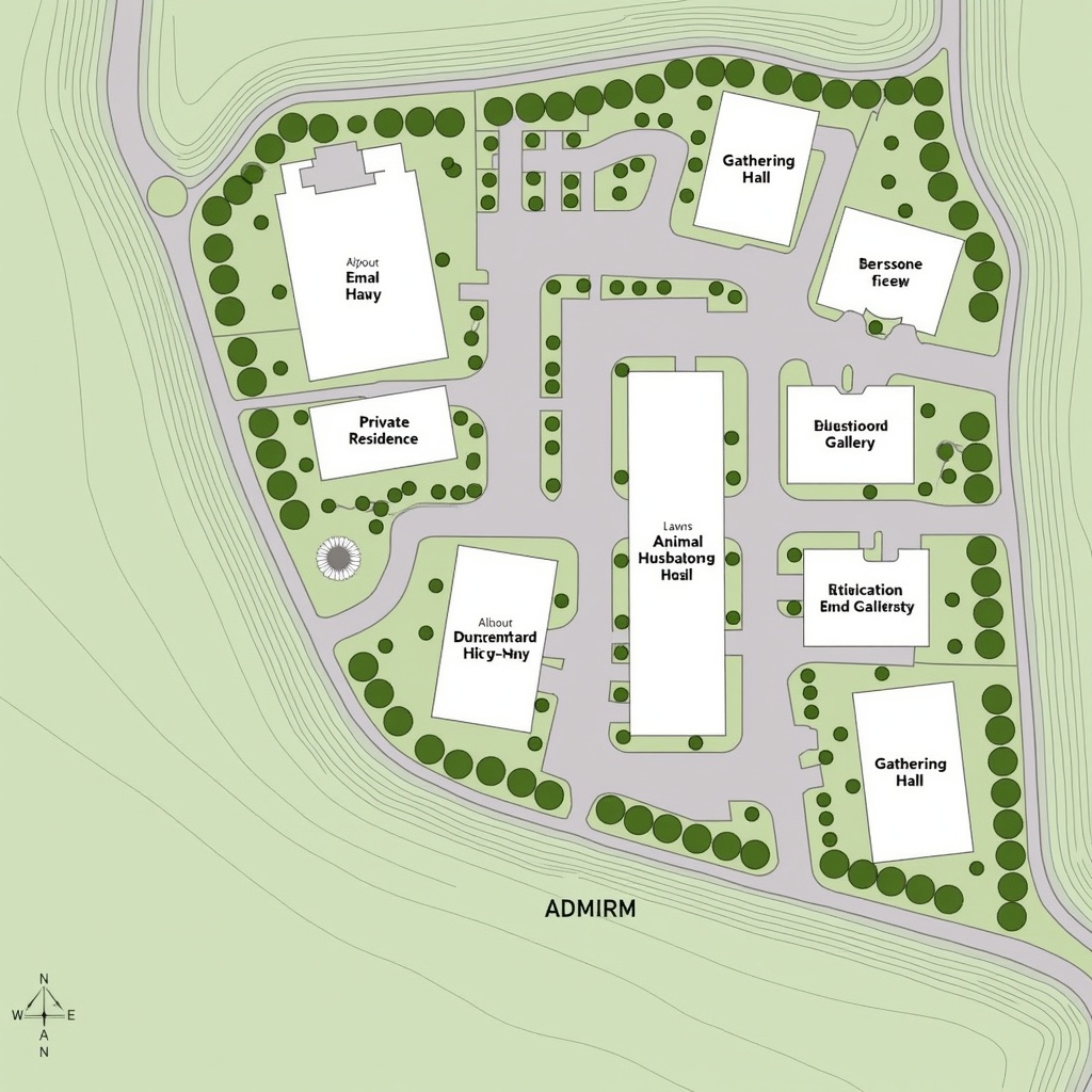 This is a layout plan of a complex or facility. The design includes various buildings clearly labeled for their intended functions, such as 'Private Residence', 'Gathering Hall', 'Education and Gallery', and 'Animal Husbandry Hall'. The layout emphasizes the inclusion of green spaces with lawns and marked parking areas, illustrating a focus on landscaping alongside the buildings. Roads and paths are indicated, showing how the different sections connect to each other. Elevation lines are also present, depicting the terrain changes throughout the area. Overall, the plan is organized and supports a variety of activities and amenities for diverse purposes.