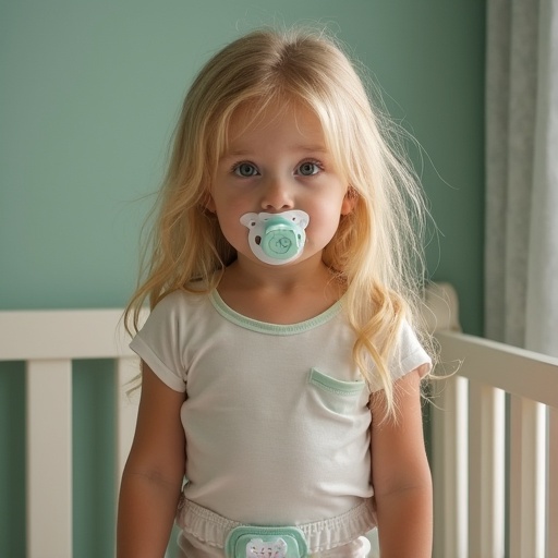 Seven year old girl with long blonde hair and emerald green eyes stands in a crib wearing a t-shirt and disposable diaper. She has a pacifier in her mouth. The room is softly lit with a natural ambiance.