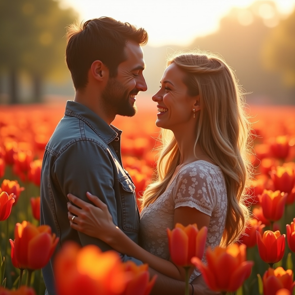 A loving couple stands close together in a field of colorful tulips. They smile at each other with warm sunlight illuminating their faces. The scene is intimate and romantic with vibrant flowers in the background. This captures the essence of love during spring.