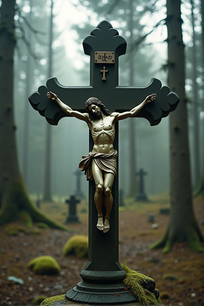 A bronze crucifix stands in a misty forest cemetery, surrounded by trees and moss-covered ground.