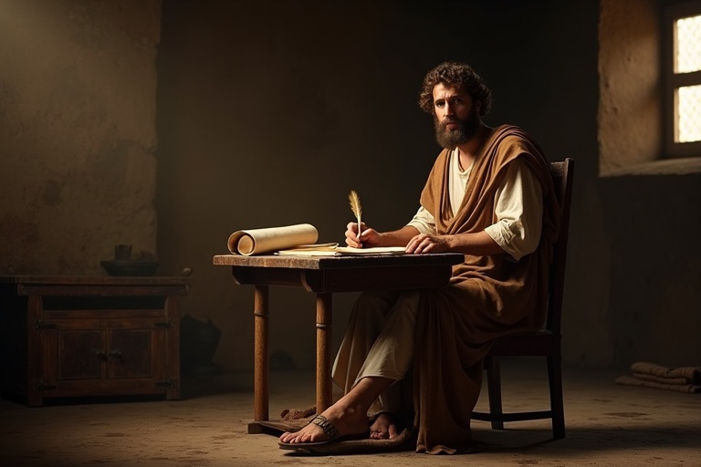 Image depicts Paul the apostle seated at a table. He is writing an epistle with a quill pen. The setting is a dimly lit room with rustic walls and wooden furniture. Natural light softly illuminates the scene.