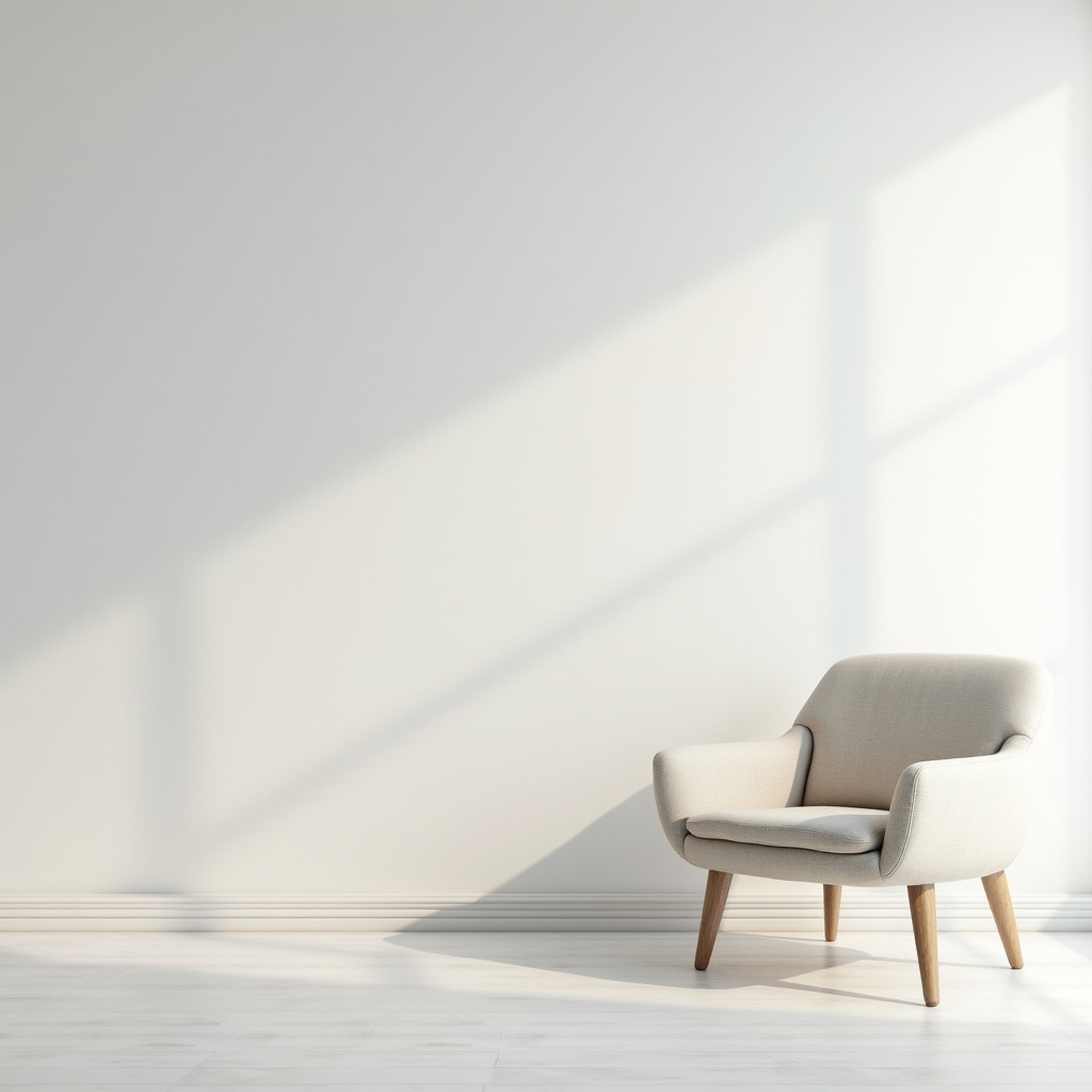 A minimalist interior featuring a beige armchair against a neutral wall with sunlight streaming in from a window.