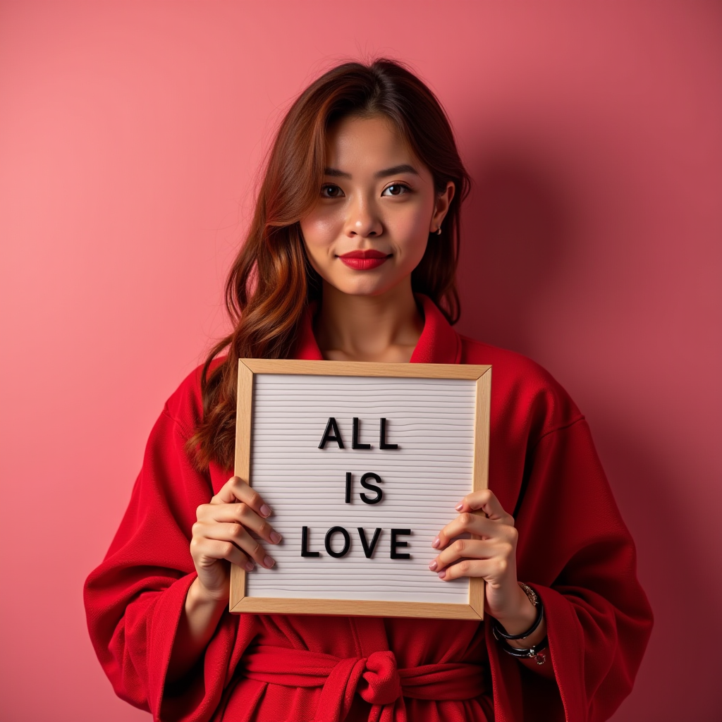 A woman in a red robe holds a sign saying 'All Is Love' against a vibrant pink background.