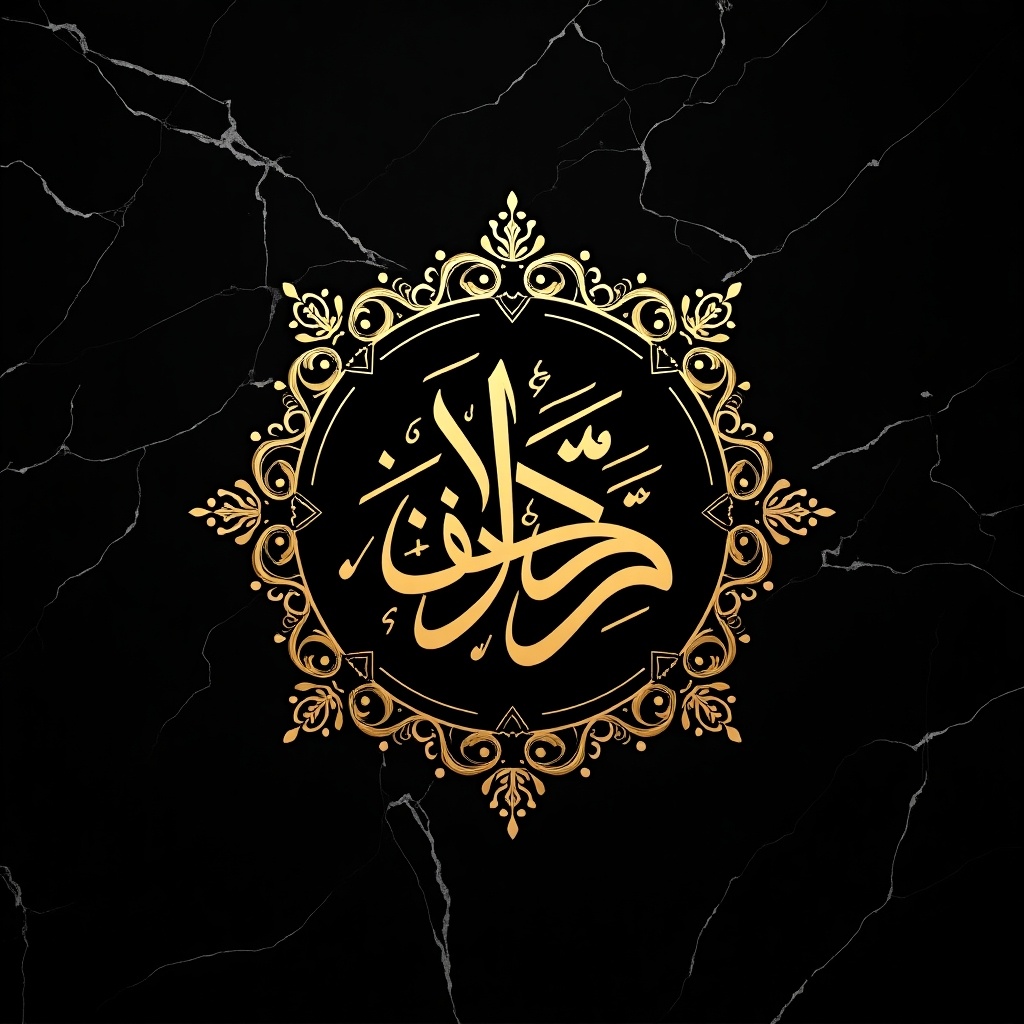 A luxurious and modern Arabic calligraphy design for 'Jannat's Studio' (المتيم) in intricate golden Arabic letters. The calligraphy is arranged in a circular artistic layout surrounded by elegant flourishes and symmetrical patterns. The background is a black marble texture with subtle veins, giving it a sophisticated and professional look. The overall style is bold, visually striking, and suitable for a high-end studio, featuring fine details and premium aesthetics.