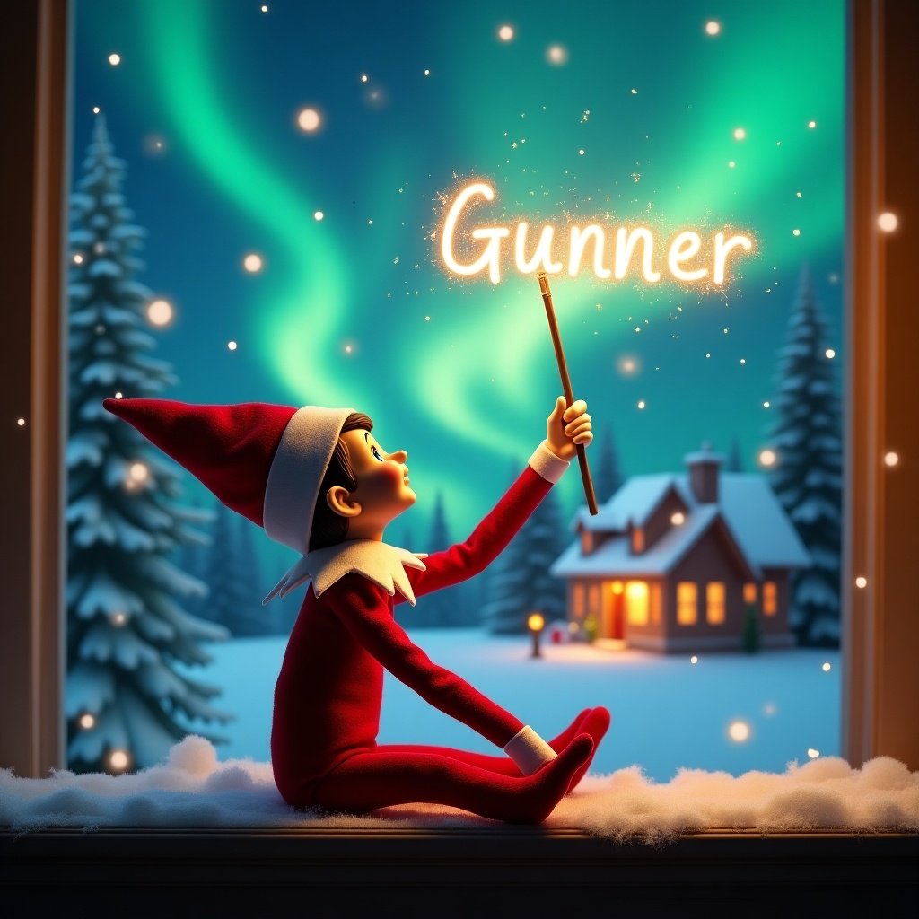 Elf on the shelf gazes skyward holding a glowing wand. Background features colorful northern lights and a cozy decorated house. Snow covers the ground. Elf embodies magic and wonder associated with Christmas. Name 'Gunner' appears in the air from the wand.