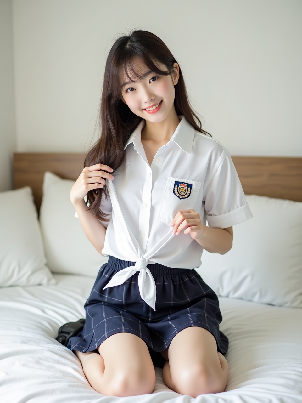 A young woman sitting on a bed, wearing a white shirt and a plaid skirt, smiling at the camera.