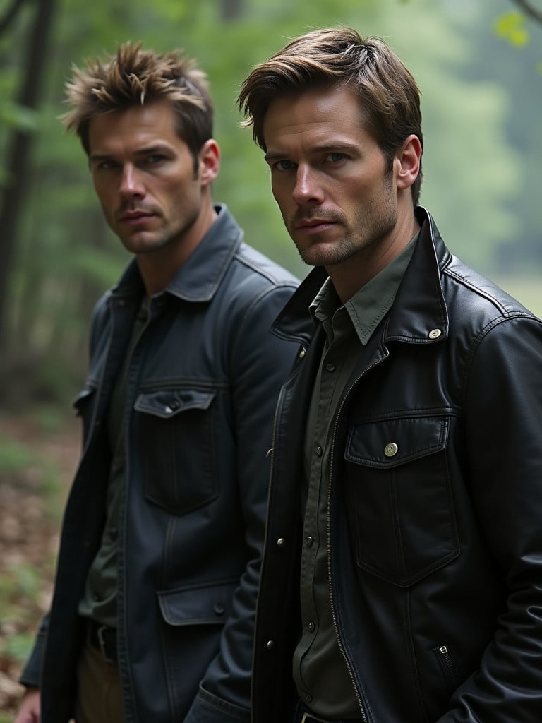 Two male figures dressed in dark jackets stand close together in a forest. They exhibit a serious expression. They are styled to resemble popular cultural characters known for battling supernatural threats.