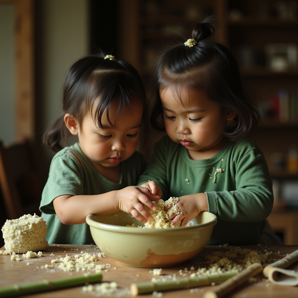 Two young children in green shirts playfully mixing ingredients in a kitchen setting.