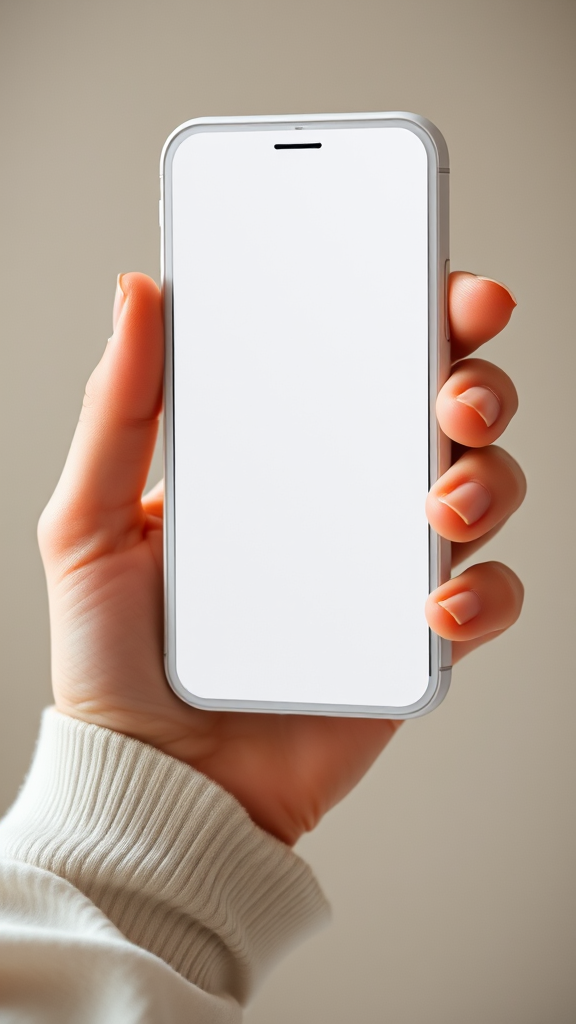 A person is holding a smartphone with a blank white screen.