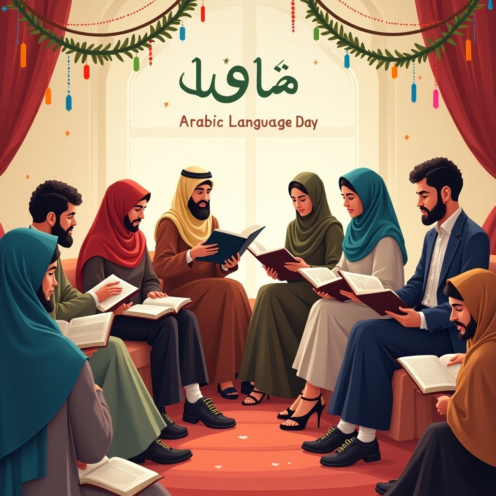 A group gathering celebrating Arabic Language Day. Individuals of diverse backgrounds sit together, reading books. Warm colors and soft lighting create a cozy atmosphere. Arabic script is featured prominently. Decorative elements reflect cultural traditions.