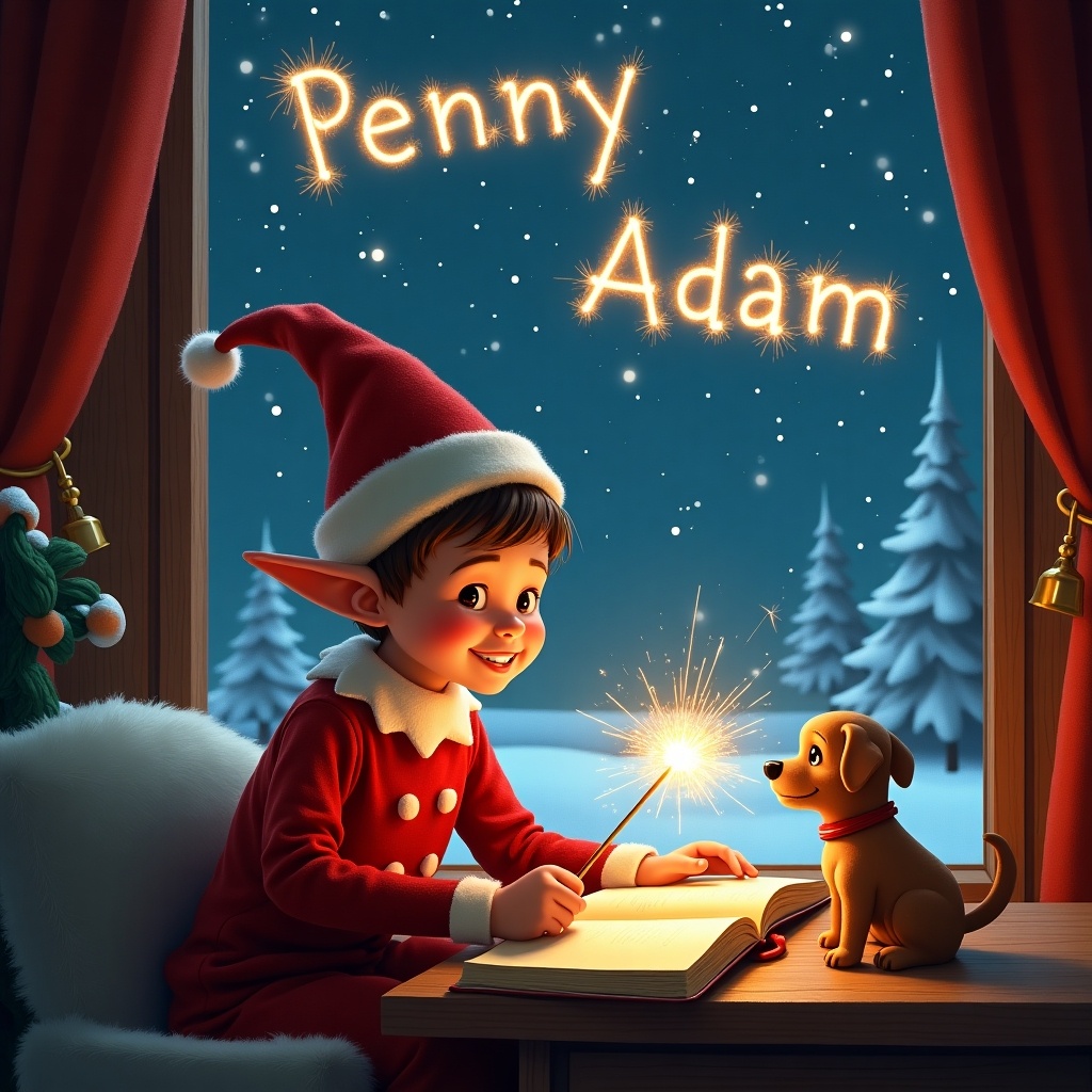 An elf in a red outfit with a pointy hat sits at a cozy window during a snowy night. He joyfully writes in a book, using a sparkler as a magic wand. Beside him, a small dog curiously watches the glowing sparkler. The outside landscape is blanketed in snow, enhancing the festive mood. The elf's face radiates delight and concentration as he spells the names 'Penny' and 'Adam' in the starry sky, adding a touch of magic to the scene.