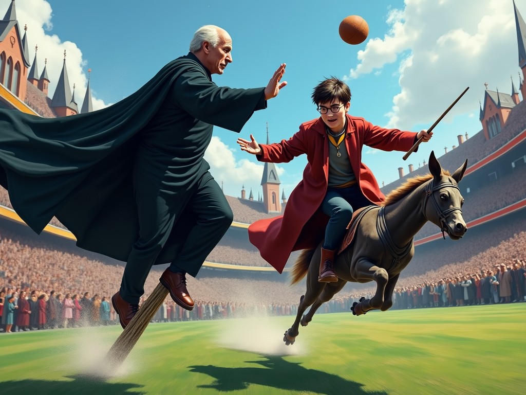 In a vibrant Quidditch stadium filled with spectators, a young wizard wearing a red robe rides a mythical creature, galloping across the lush green field while holding a wand. In a dramatic pursuit, an older wizard dressed in dark robes follows closely behind on a broomstick. The scene captures a moment of intense action and competition, with a magical ball soaring through the air between them under a clear blue sky.