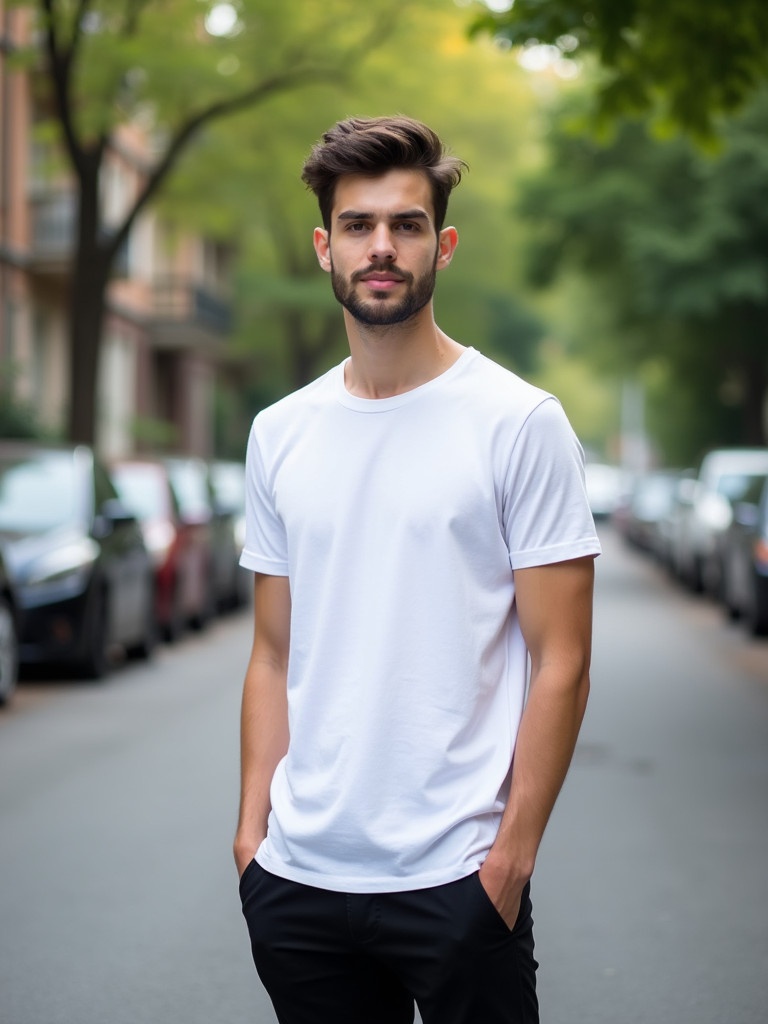 A young man stands confidently on a quiet urban street. He wears a simple white t-shirt with black pants. The scene features a residential area with greenery and parked cars. Soft daylight casts a gentle glow accentuating his relaxed demeanor. The background blurs slightly emphasizing the subject. It captures a serene moment reflecting modern city life.