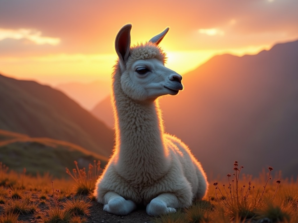 A serene llama enjoying a sunset in the mountains.