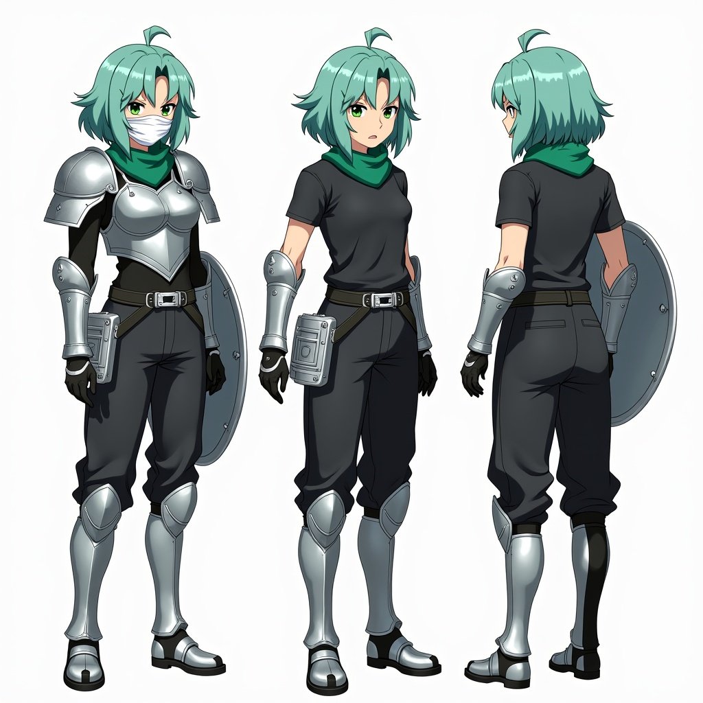 Anime mercenary tomboy character with sea green hair and green eyes. Wears armor and a scarf. Presented in three views: front, side, and back.