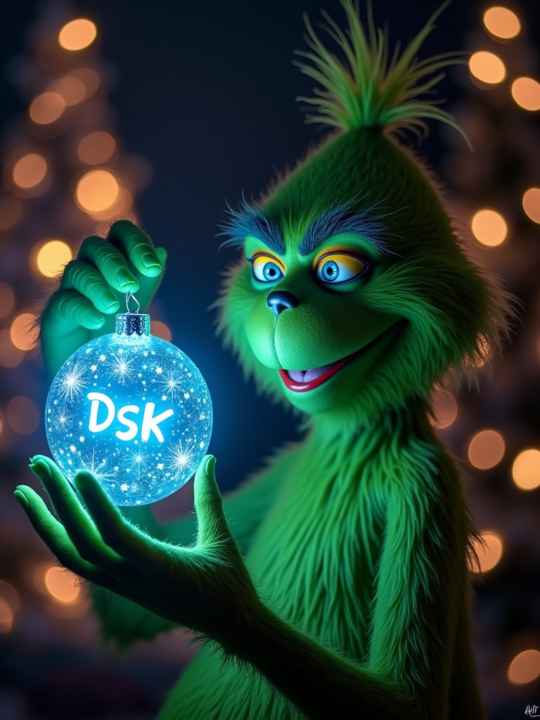 Grinch character holds glowing blue Christmas ornament. Ornament shines brightly in dark background. Twinkling lights create festive atmosphere.