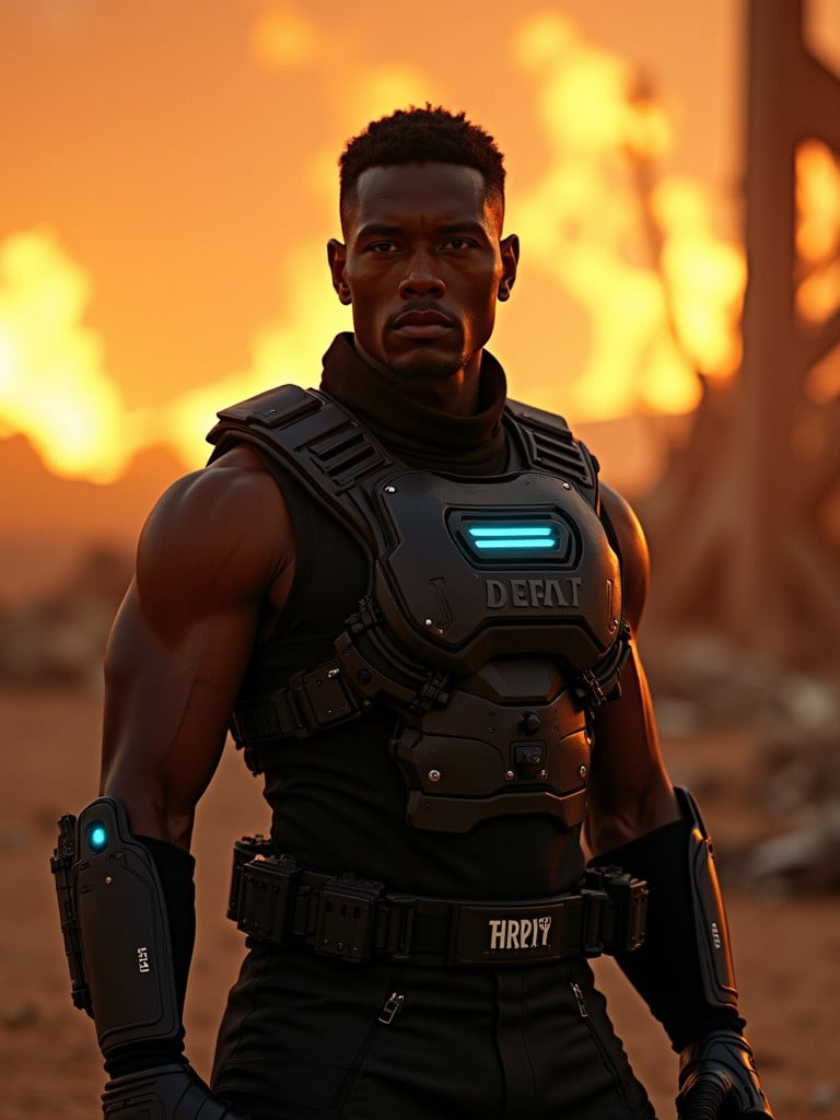 In a post-apocalyptic wasteland, a well-built man stands confidently. Clad in a black tactical uniform, he is amidst fiery ruins. A warm golden glow lights the scene. Blue light pulses on his armor. The atmosphere is gritty, like a 35mm film. His expression shows determination and introspection.