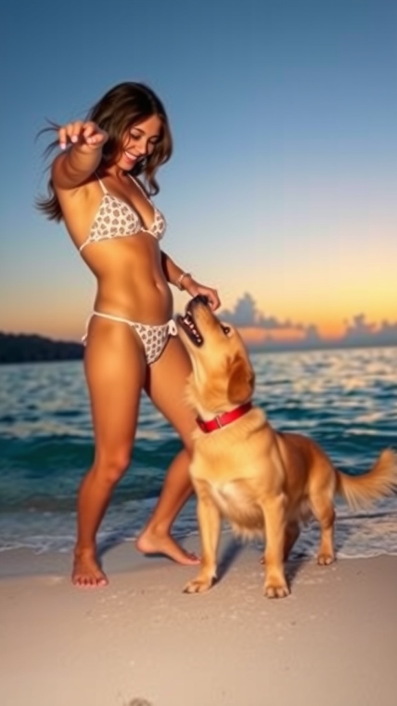 A woman in a bikini enjoying a sunset on the beach with a happy dog.