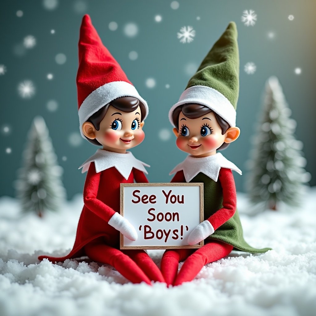 Two cheerful elf on the shelf characters are sitting in a snowy landscape. One elf is dressed in a bright red outfit with a pointed hat, while the other sports a green outfit also with a pointed hat. Both are smiling at the viewer, radiating holiday cheer. They hold a sign that reads, 'See you soon Boys!' in playful lettering. The background features softly falling snowflakes and a few sparse trees, adding to the wintery ambiance. The lighting is warm and inviting, perfect for spreading joy during the holiday season.