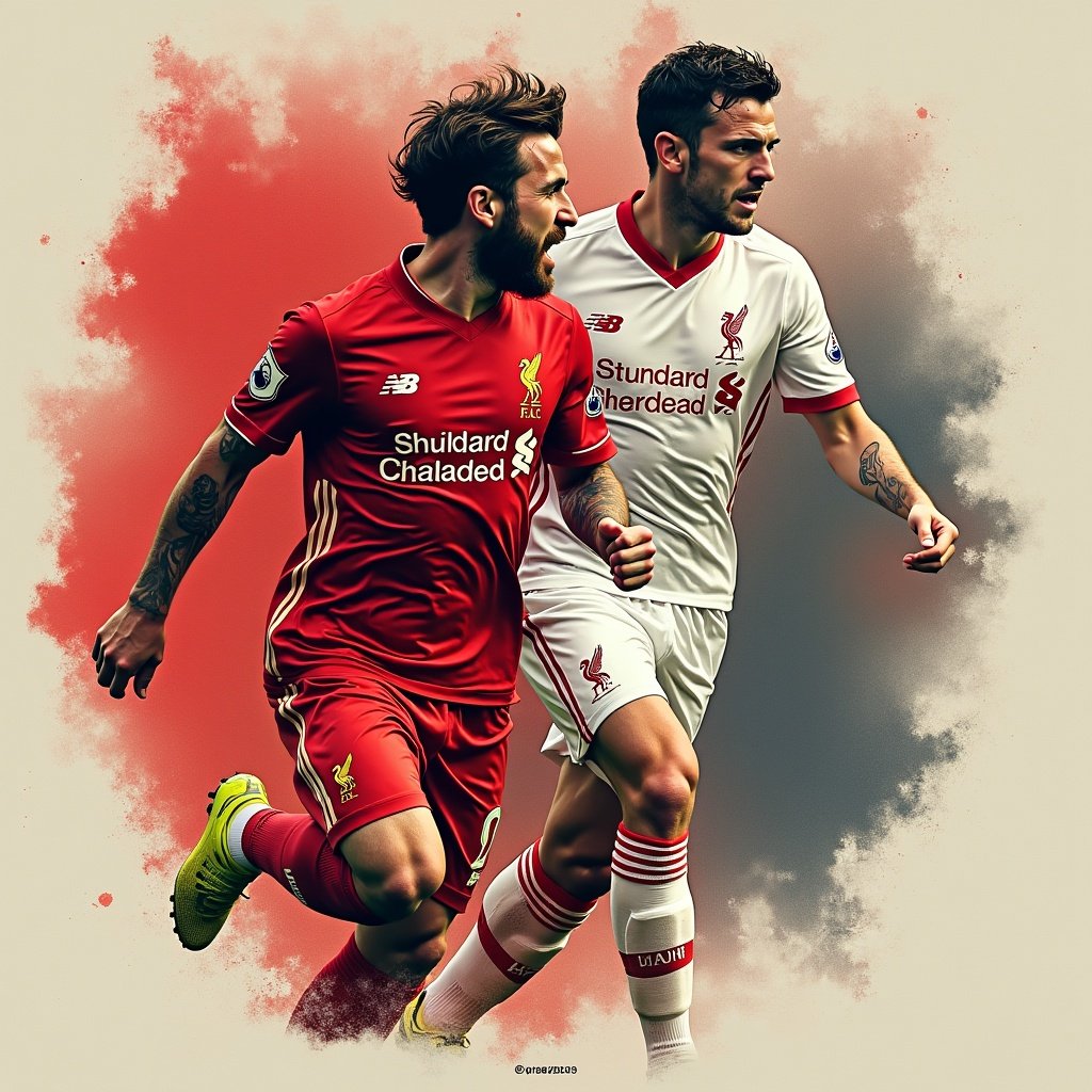 Liverpool football players wearing home and away kits in action. Blurred motion aesthetic.