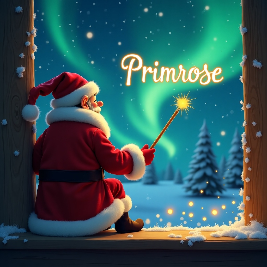 This enchanting illustration features an elf on the shelf sitting with his back to the viewer, gazing up at the night sky. The background is filled with a magical Christmas vibe, dominated by spectacular northern lights and glittering stars. The elf gracefully wields a magic wand, writing the name 'Primrose' in shimmering letters across the sky. Surrounding the scene are snow-covered trees, adding to the winter wonderland effect. The playful atmosphere invites viewers into a world of holiday delight and wonder.