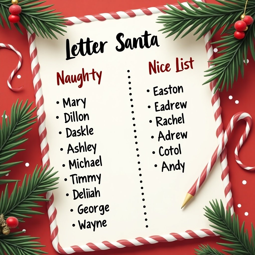 Letter from Santa featuring a Naughty and Nice list. The Nice list includes names such as Easton, Eadrew, Rachel, Adrew, Cotol, and Andy. The Naughty list features names like Mary, Dillon, Daskel, Ashley, Michael, Timmy, Delilah, George, and Wayne. Decorated with festive elements for Christmas.