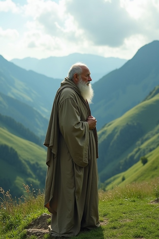 An old ascetic priest stands on a hill wearing a natural-colored ceremonial robe. The landscape is green with mountains. The sky appears partly cloudy.