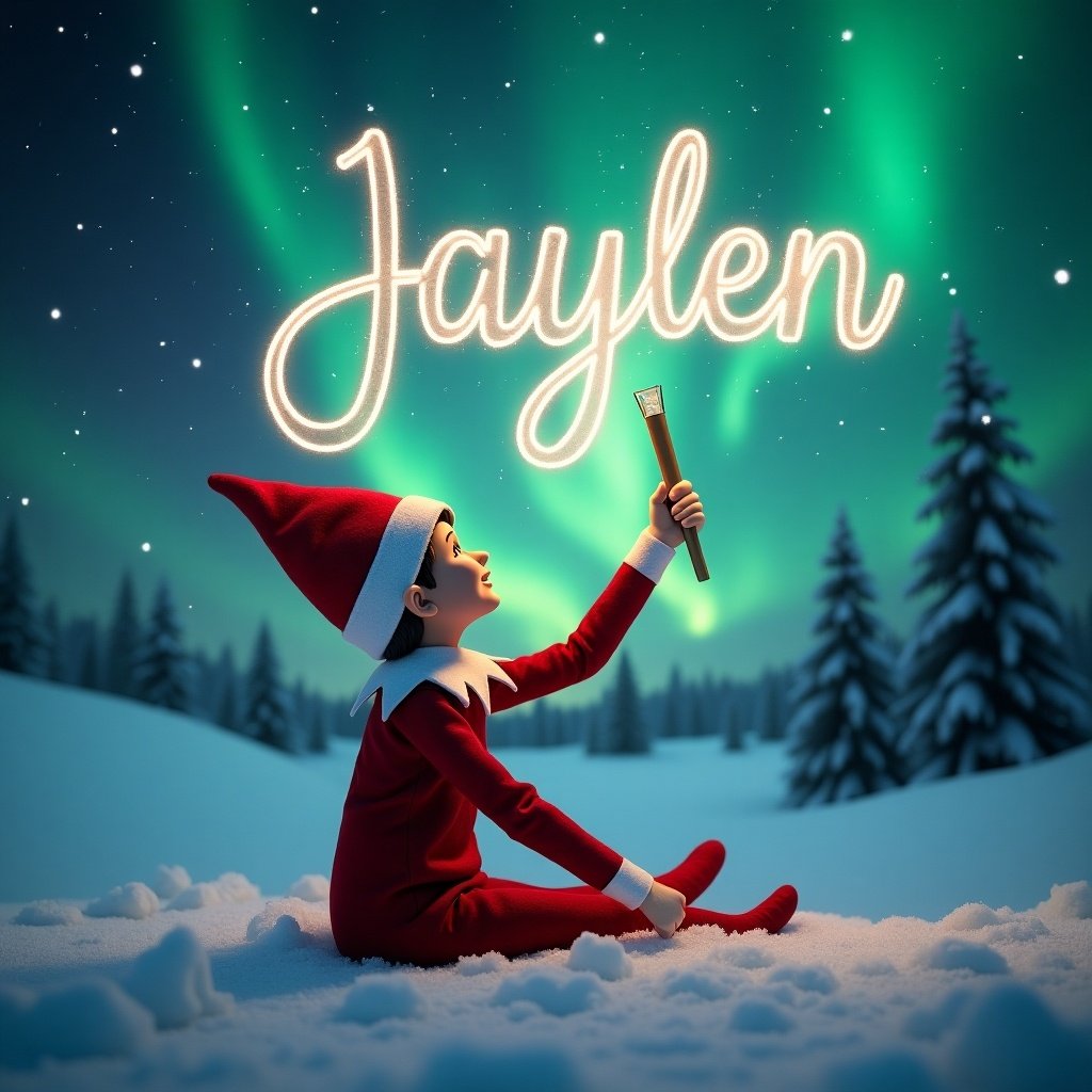 Elf on the shelf sitting on snowy landscape looking up at the sky. Elf uses a magic wand to write 'Jaylen' in elegant letters. Northern lights create a magical ambiance. Red outfit contrasts with white snow. Enchanting holiday scene.