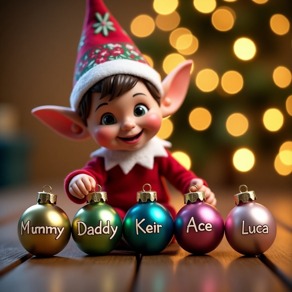 The scene features an elf character arranging colorful baubles. The baubles have names written on them. The background shows Christmas lights creating warmth. The elf is dressed in a traditional outfit, adding fun to the scene. It embodies holiday joy and a personalized touch.