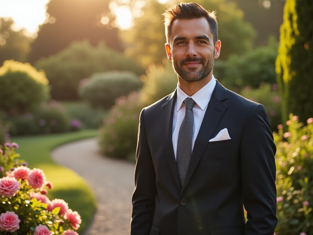 A groom stands confidently in a well-fitted suit amidst a beautiful garden setting. The warm glow of the golden hour highlights the lush greenery and blooming roses around him. He has a slight smile, exuding charm and elegance. His attire is complemented by a tie and pocket square, adding a touch of sophistication. The scene conveys a romantic and joyful atmosphere, perfect for a wedding setting.