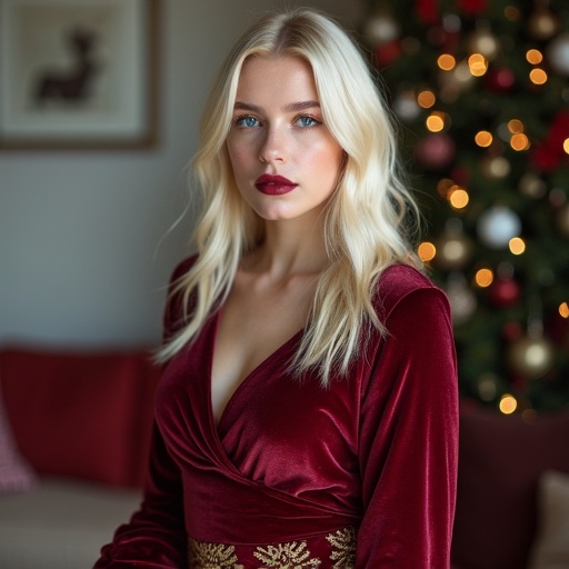 Blonde Scandinavian model stands on a sofa wearing a burgundy velvet Christmas dress. She has very pale skin and long shiny hair. Makeup is stunning with burgundy lipstick. The background has Christmas decorations. The model displays whole body including tall legs.